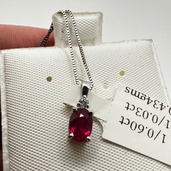 NWT 6x4mm, .60ct Ruby, diamond pendant in WG w/ ~17.75" WG box chain necklace! - Picture 7 of 17